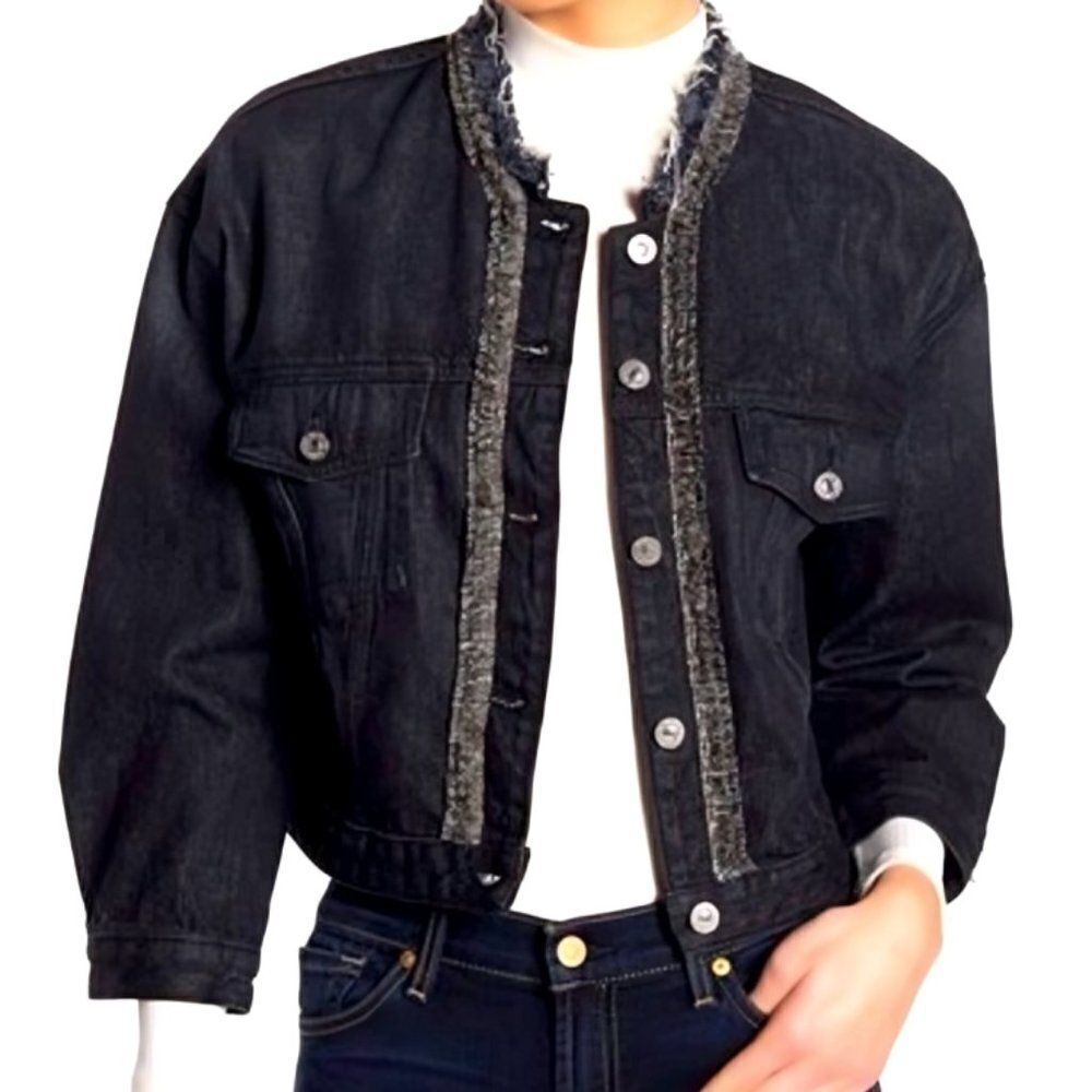 7 For All Mankind Women's Dark Wash Frayed Cropped Denim Trucker Jacket Size XS
